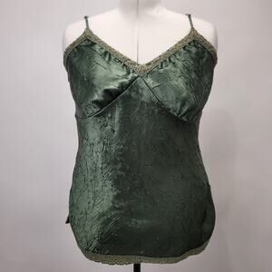 Y2K Babydoll Tank Top Womens 1X Green Textured Crinkle Satin Metallic Trim Fairy